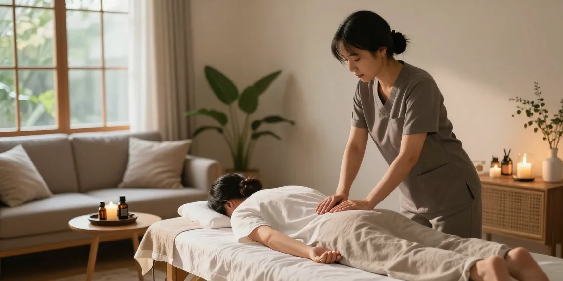 광명출장안마 professional massage therapist preparing a tranquil home setting for relaxation.