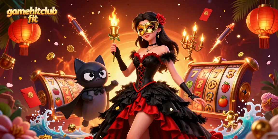 Engage with gamehitclub fit: a glamorous woman and a phantom cat amidst rich casino-themed elements.