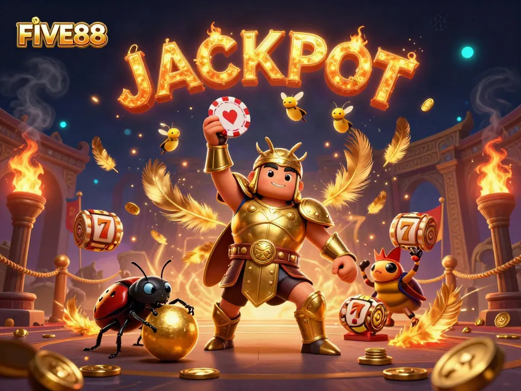 Experience the excitement of FIVE88 with a vibrant 3D illustration showcasing animated characters, jackpot spells, and casino elements.