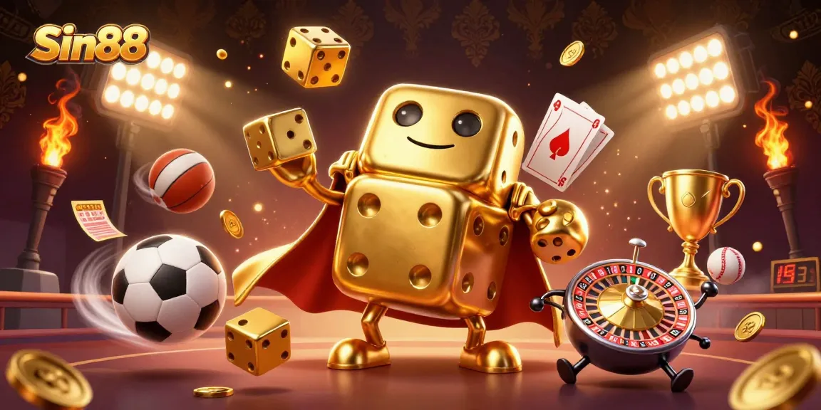 Sin88 enhances gaming excitement with a dynamic 3D illustration of dice and sports elements.
