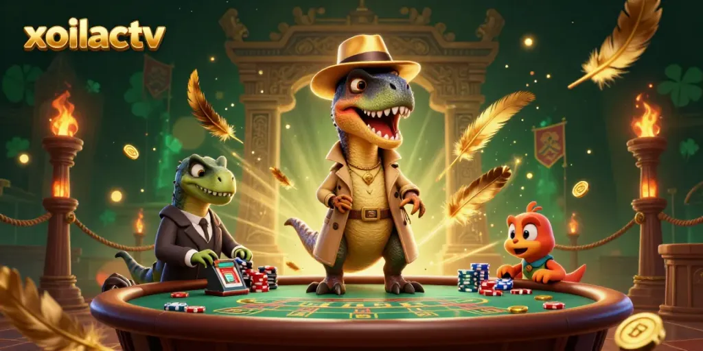 Xoilactv velociraptor card counter at blackjack table, surrounded by animated casino elements.