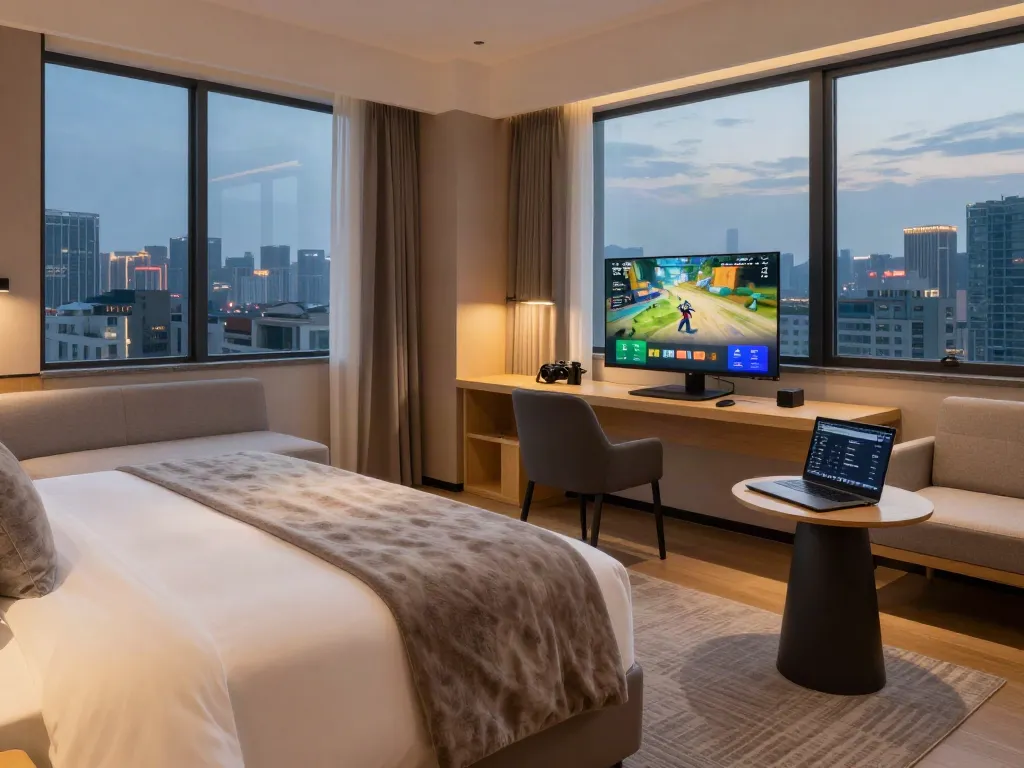 rokok 88 modern hotel room with gaming setup and cozy atmosphere