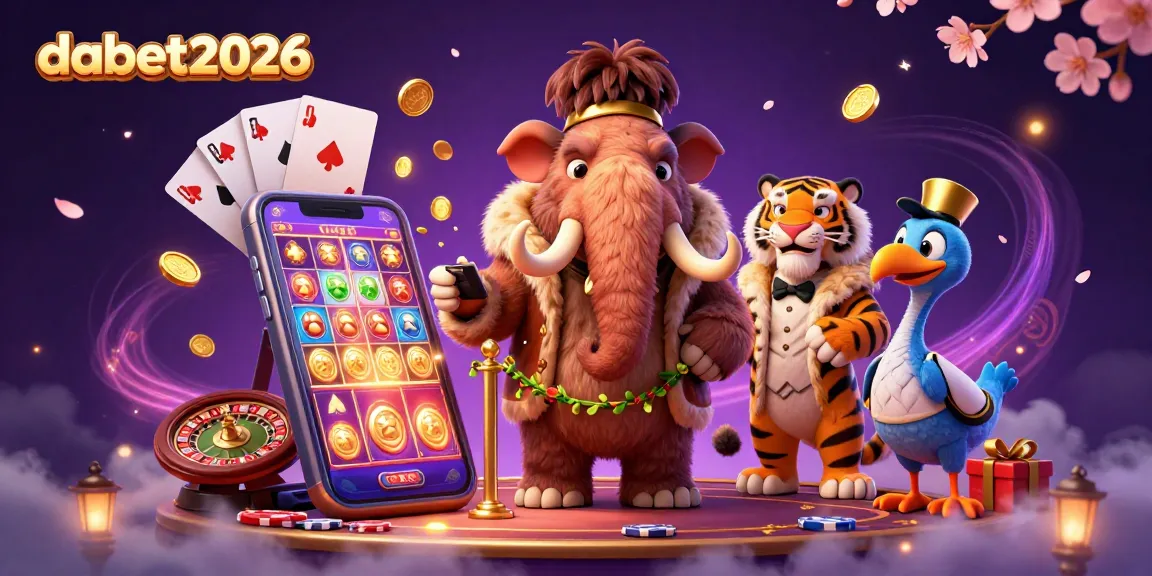 Dabet2026 features a vibrant casino scene with a mammoth bouncer, saber-tooth tiger VIP, and dodo doorman.