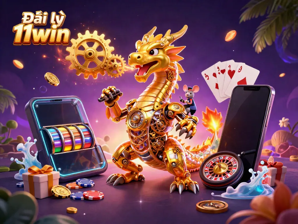 Engage with Đại lý 11win showcasing a golden dragon breathing gears and vibrant gambling elements