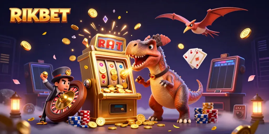 RIKBET offers an exciting 3D scene with a dinosaur winning at a golden slot machine, illustrating thrilling casino action.