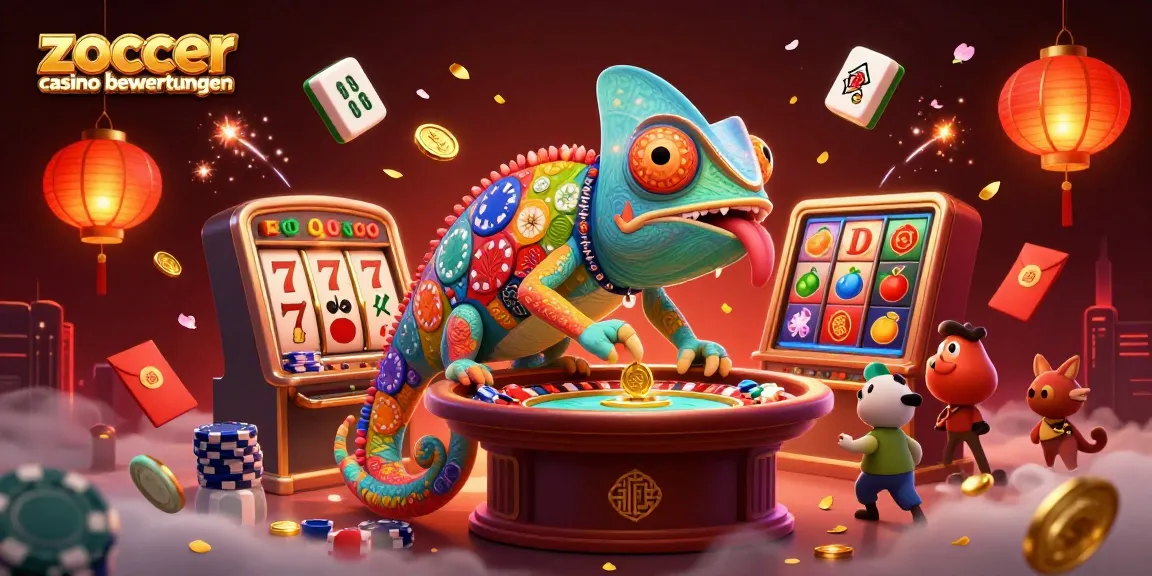 Engaging illustration showcasing zoccer casino bewertungen with a colorful chameleon casino owner amid dynamic gaming elements and lively atmosphere.