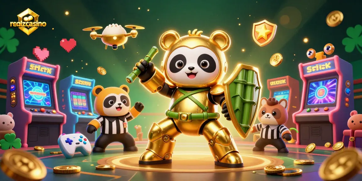 Erlebe aufregende Spiele im realzcasino mit einem goldenen Panda in einem mech-suit und lebhaften Casino-Elementen.