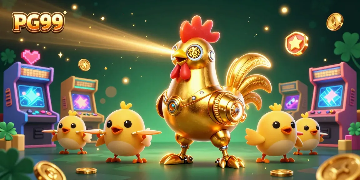 Engage in exciting games at PG99 with a golden rooster robot and baby chick drones in a vibrant, casino-themed 3D scene.