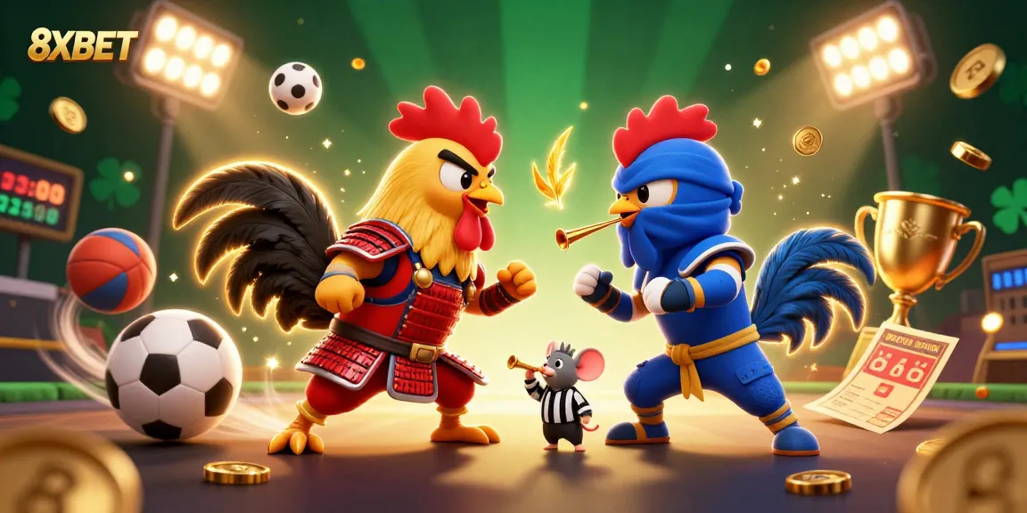 Experience thrilling action at 8XBET with dynamic scenes of roosters and exciting betting elements.
