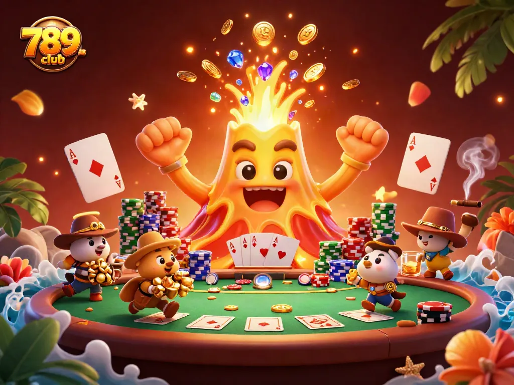 Experience thrilling wins with 789club's cartoon volcano, poker elements, and treasure in a vibrant scene.