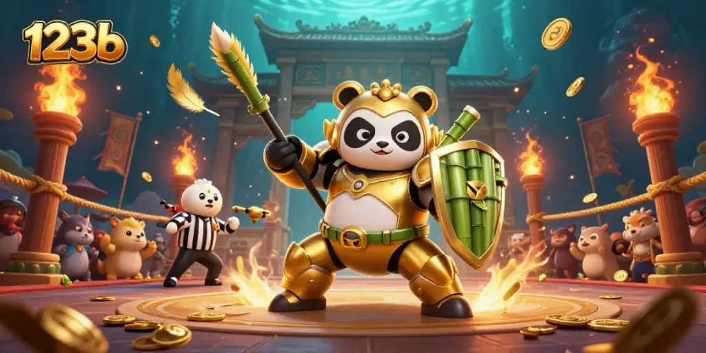 Experience thrilling action with 123b in this vibrant Mech-Suit Panda casino arena scene.