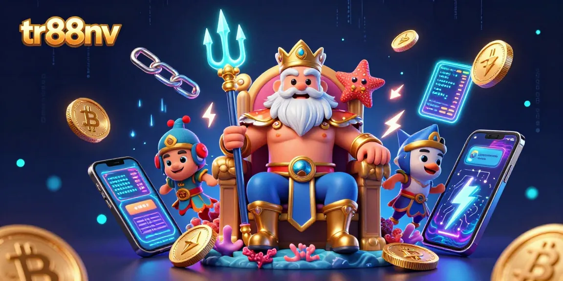 Experience thrilling casino action with tr88nv's animated sea king and crypto elements in this vibrant illustration.