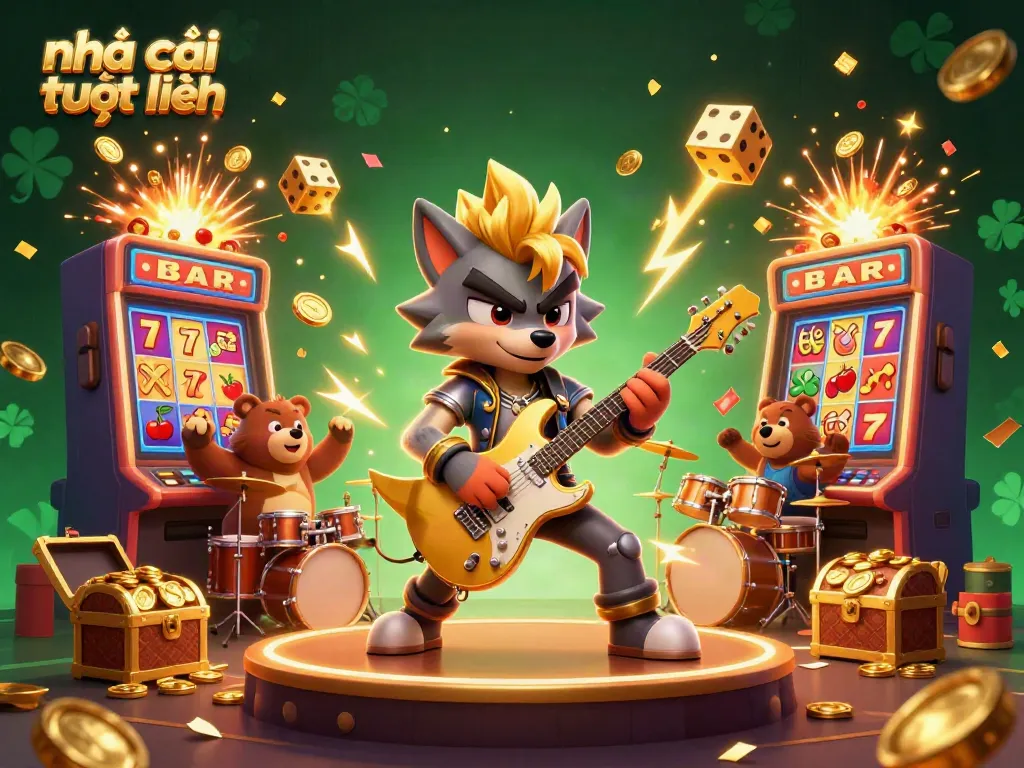 Experience thrilling wins at nhà cái trực tuyến with a dynamic gaming scene featuring cartoon characters and jackpot elements.