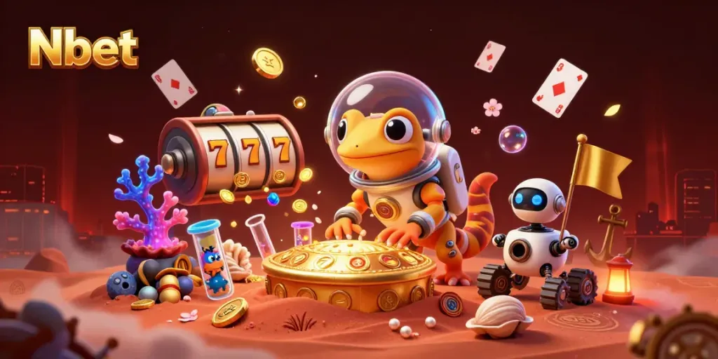 Engage in thrilling online slots at Nbet's exciting casino with golden treasures and vibrant game elements.
