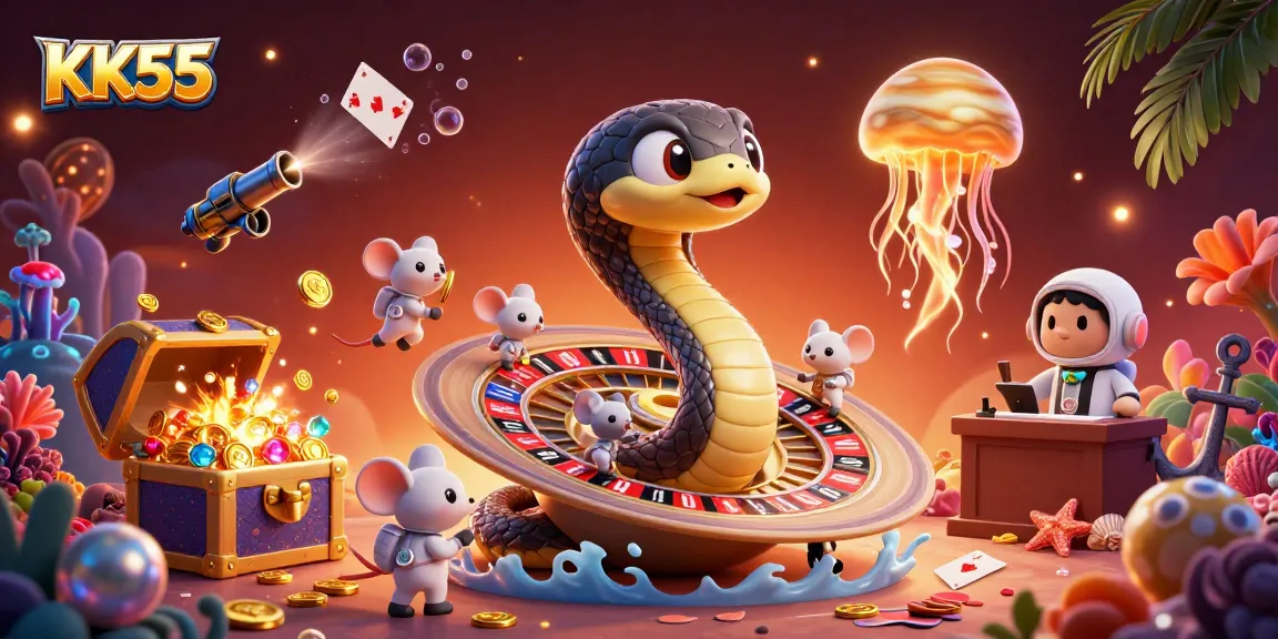 Engage in thrilling bets at KK55 with a cosmic roulette scene featuring a snake, astronaut mice, and golden jellyfish.