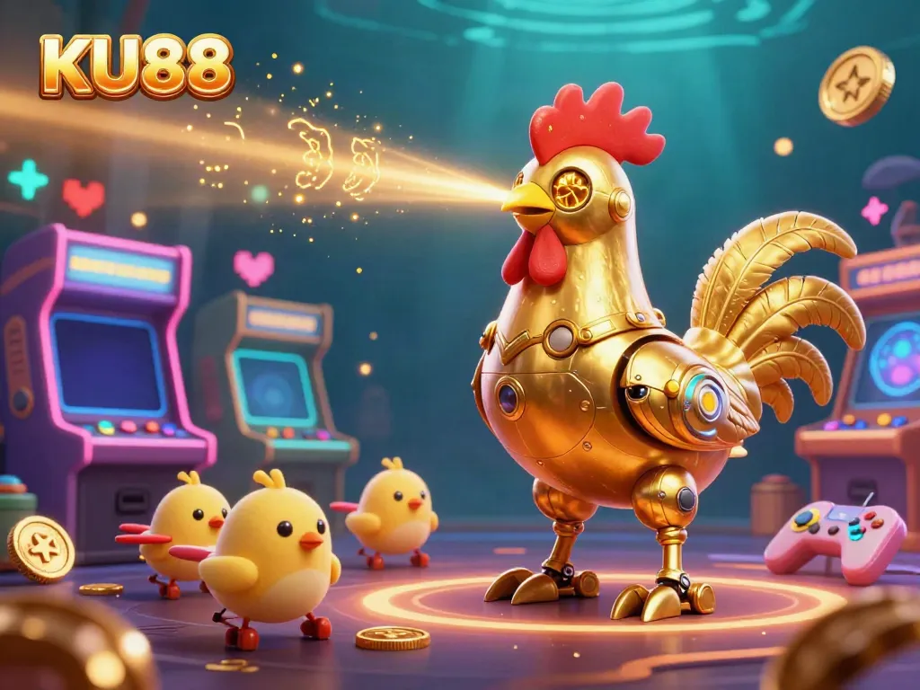 Engage with KU88's gaming universe through vibrant 3D imagery of a golden rooster robot and chick drones in a dynamic arcade-casino setting.