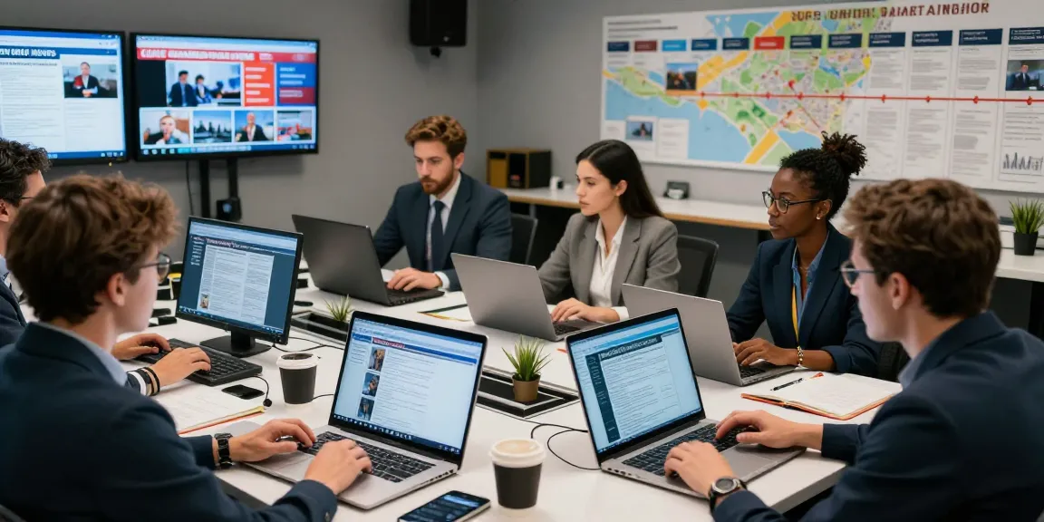 Diverse journalists collaborating in a vibrant newsroom for newsbochum.