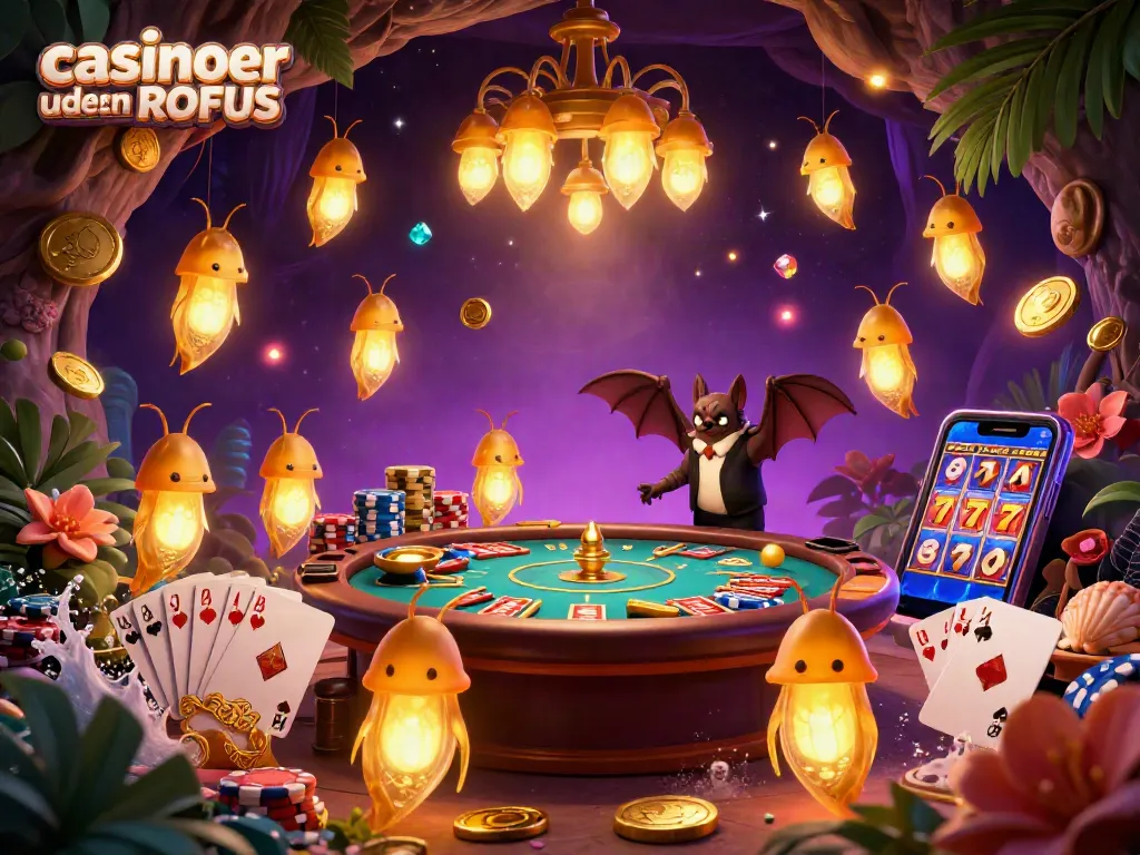 Experience the thrill at casinoer uden ROFUS with glowworms illuminating a vibrant cave casino, dynamic games, and vibrant energy.