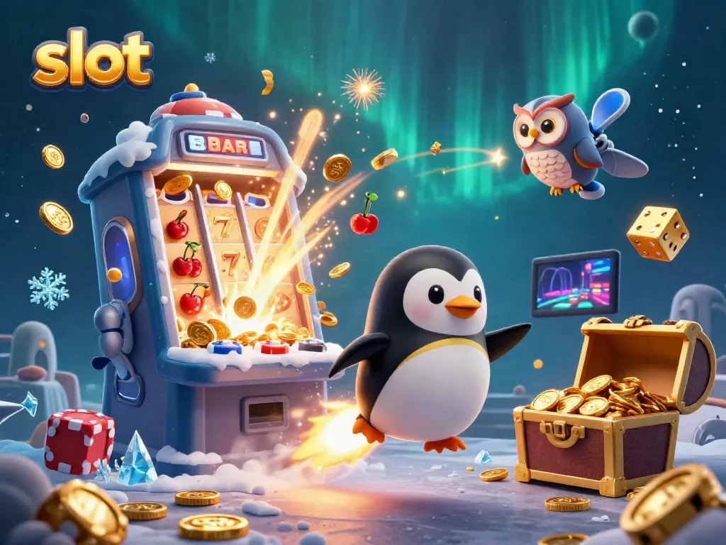 Experience thrilling slot action with vibrant casino elements and a golden penguin in space.
