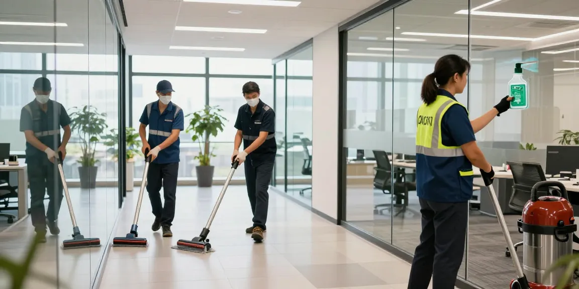 Professionelle Gebäudereinigung Düsseldorf durch geschultes Personal in einem modernen Büro.