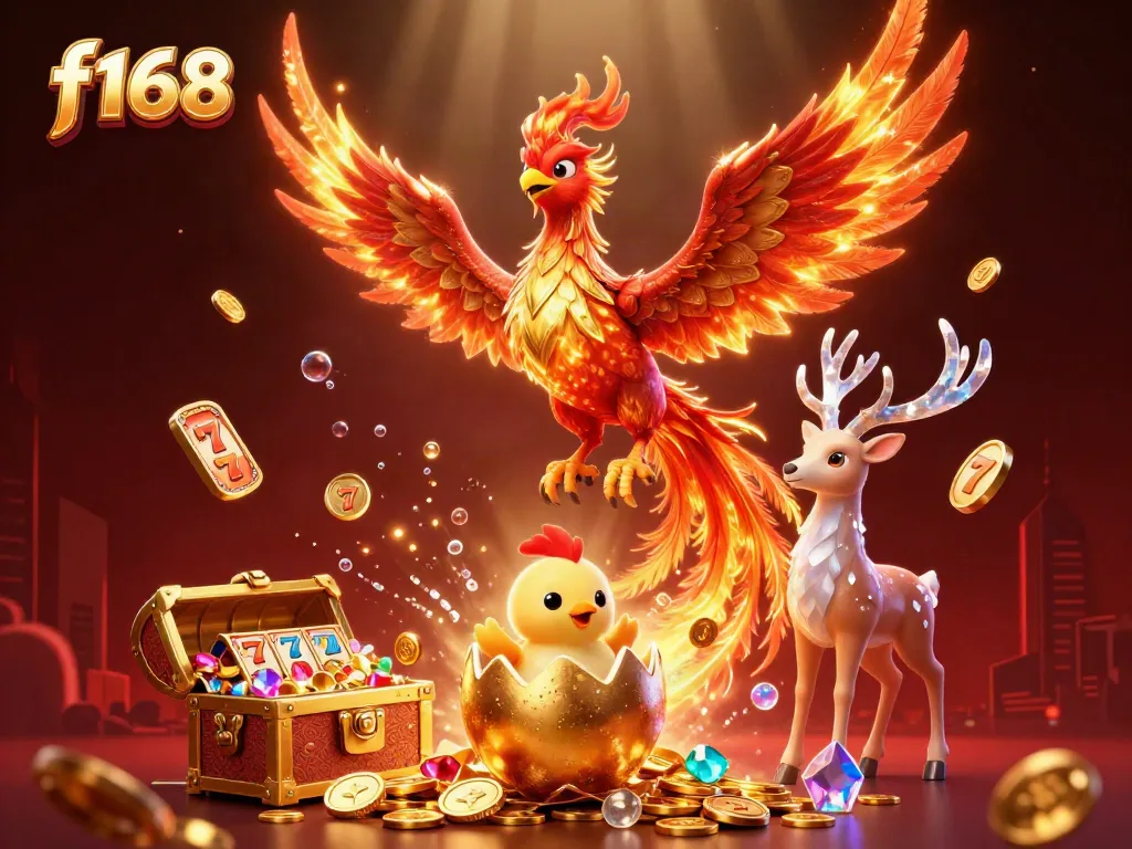 Engage with the vibrant world of f168 casino featuring a phoenix and golden treasures amidst a dynamic gambling scene.