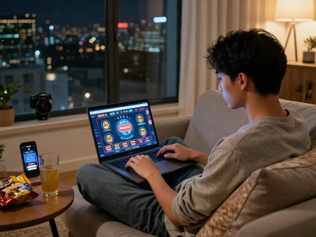 Guide itsme pour casino en ligne im gemütlichen Zuhause während einer Online-Spiele-Nacht mit Laptop und Snacks.