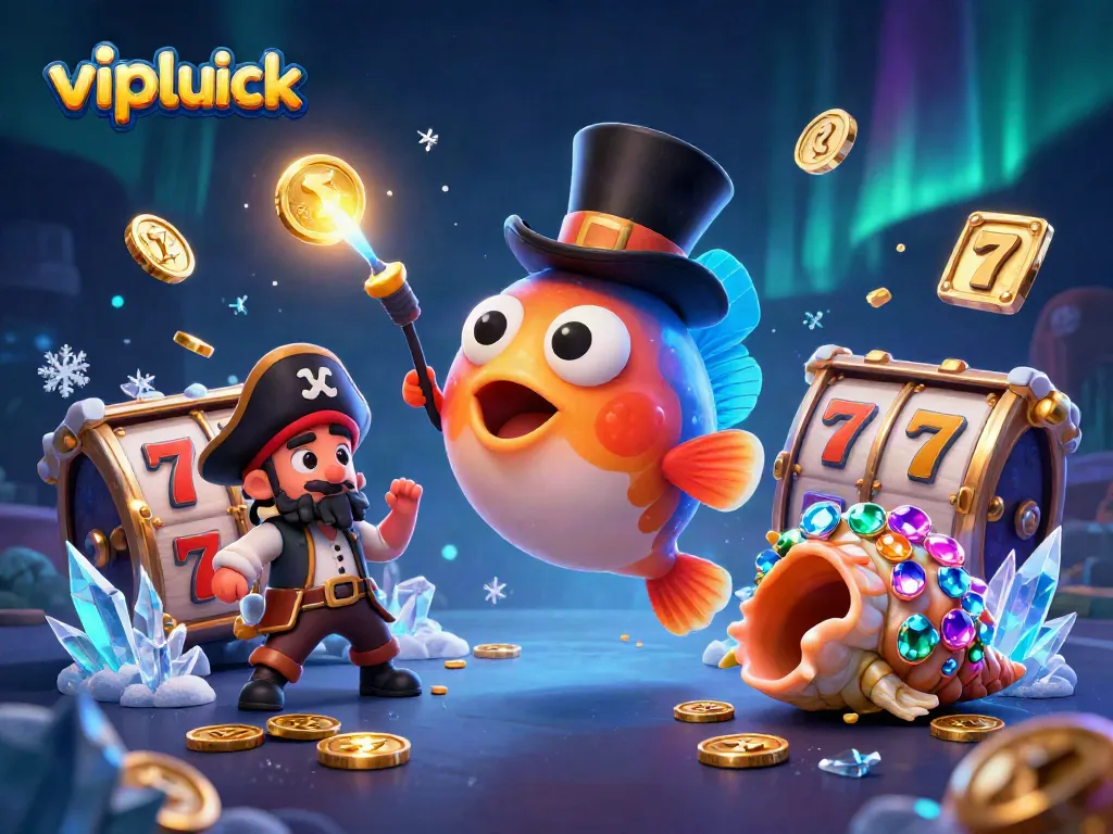 Win big at vipluck with a vibrant scene of joyful sea creatures amidst spinning slot reels and gold coins.