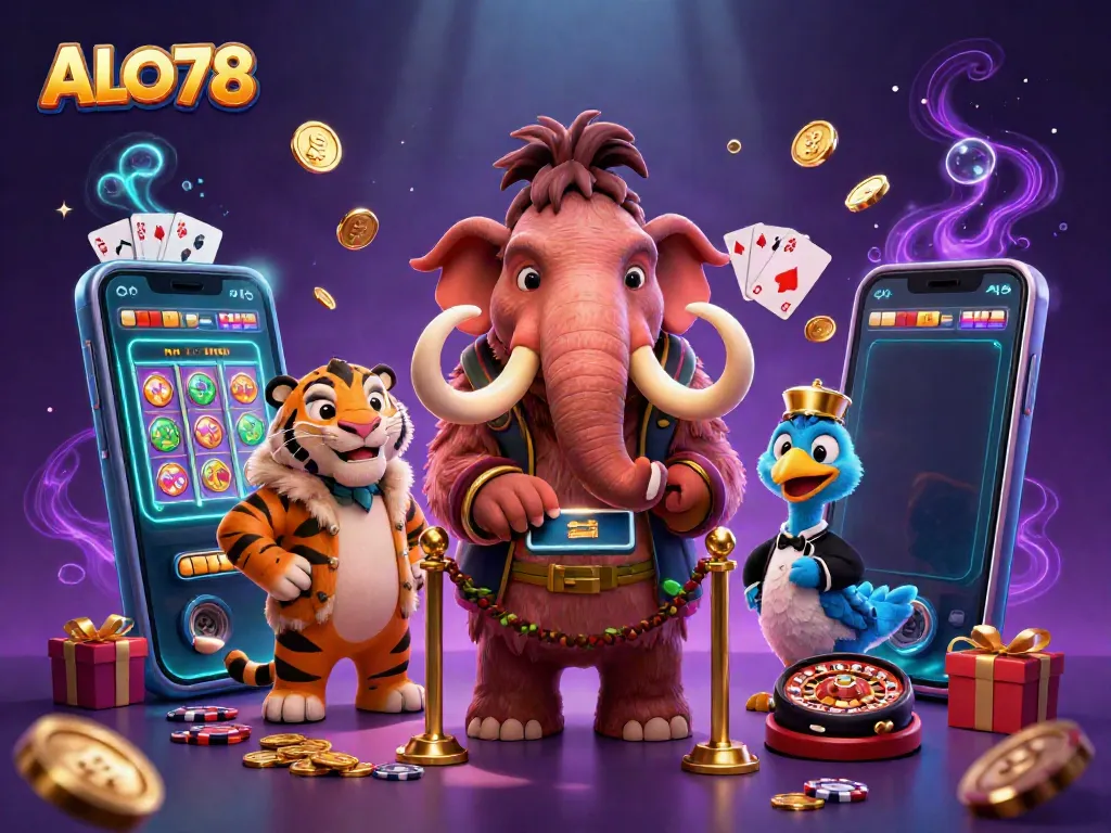 Experience the excitement of ALO78 with fun-filled casino illustrations showcasing unique characters and games.