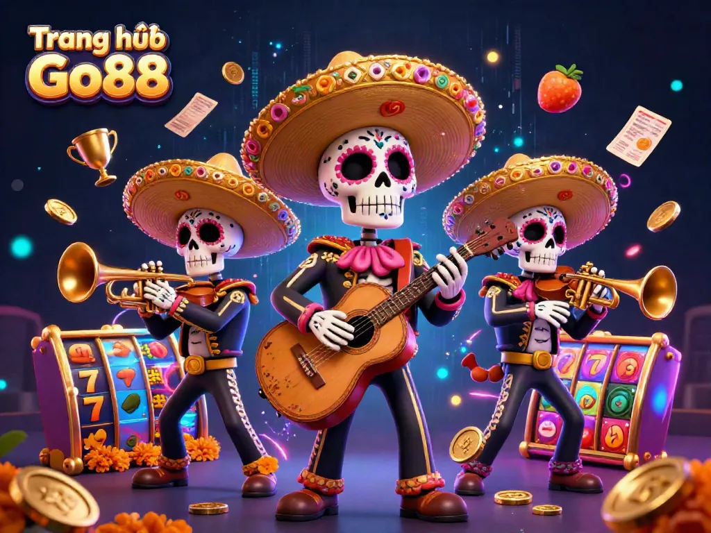 Engage with exciting gaming at Trang chủ Go88 featuring dynamic mariachis amidst slot reels and golden coins.