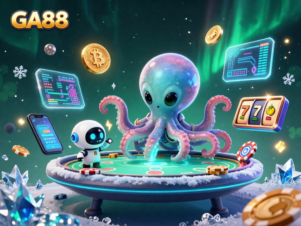 GA88 interactive poker scene with an alien octopus and slot reels in a vibrant cosmic casino