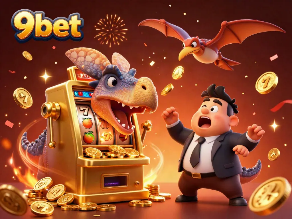 9bet engages players with a cartoon dinosaur hitting a slot machine for a jackpot amidst colorful casino elements.