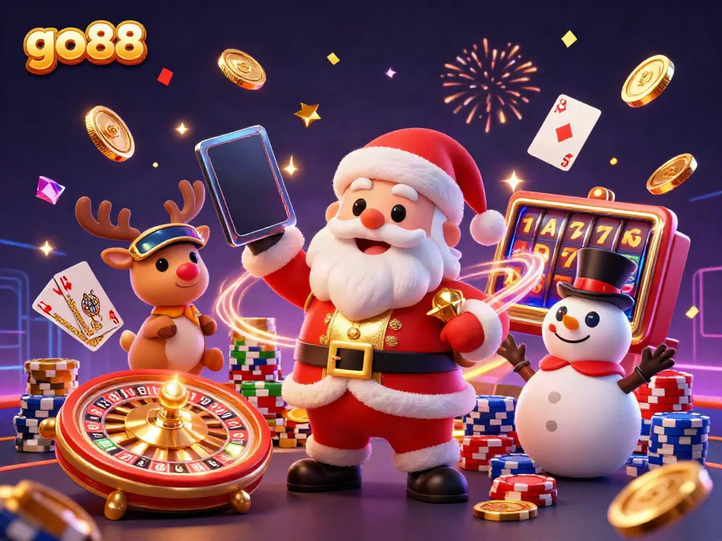 Celebrate wins at go88 with a 3D cartoon Santa, reindeer dealer, and snowman in a vibrant casino