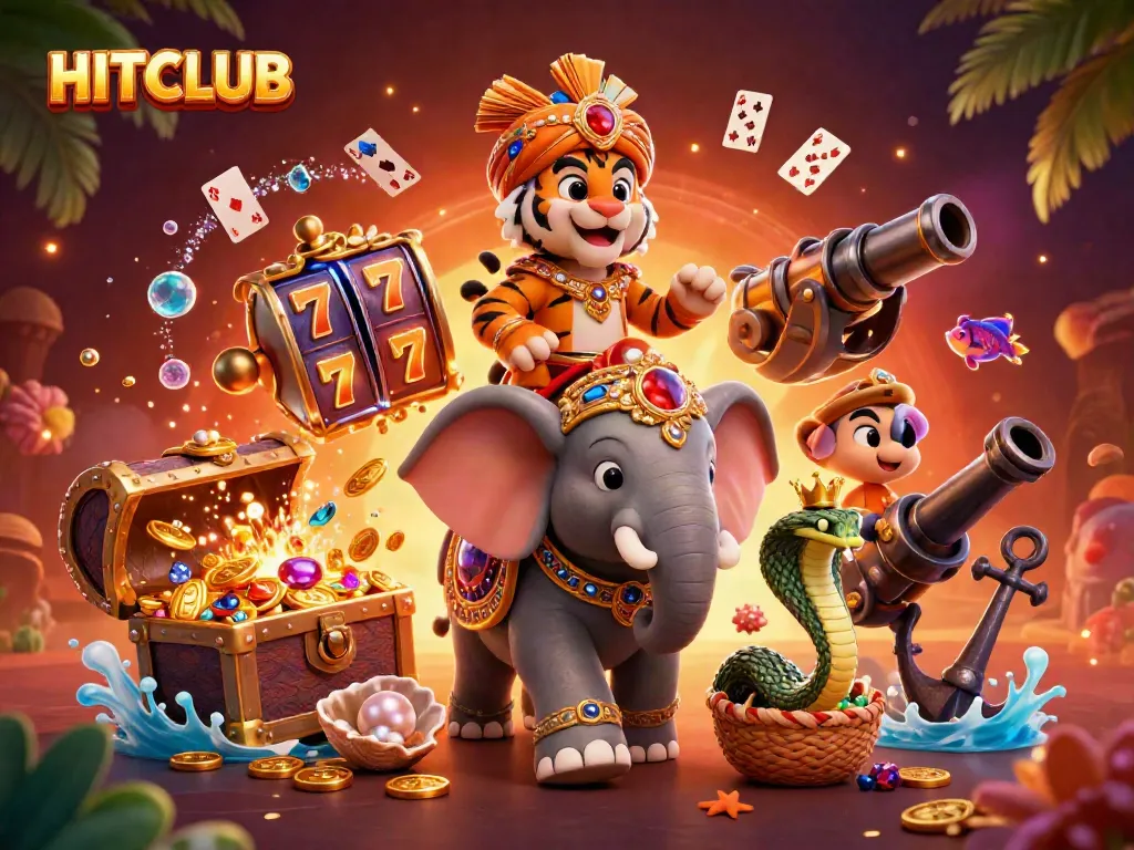 HITCLUB showcases a vibrant 3D illustration of a majestic tiger and elephant set in an energetic casino environment.