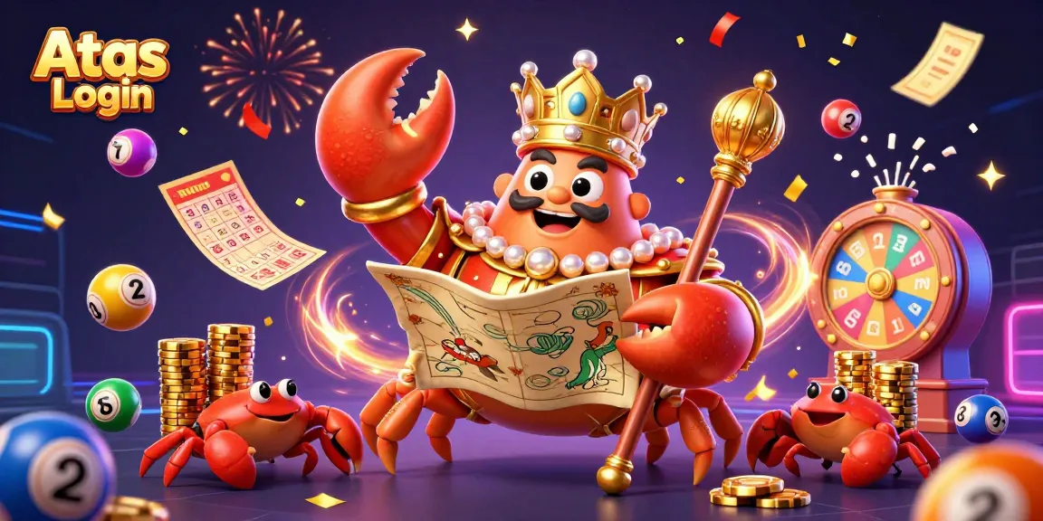 Engage in exciting gameplay with Atas Login, featuring a golden crab emperor and dynamic casino elements.