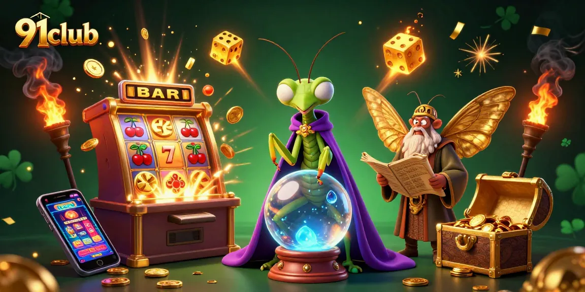 Engage in winning predictions at 91club with vibrant casino elements and fortune teller scene.