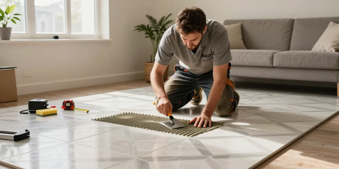 Fliesenleger Augsburg beim Verlegen eleganter Keramikfliesen im modernen Wohnraum, handwerkliche Präzision in warmem Licht.