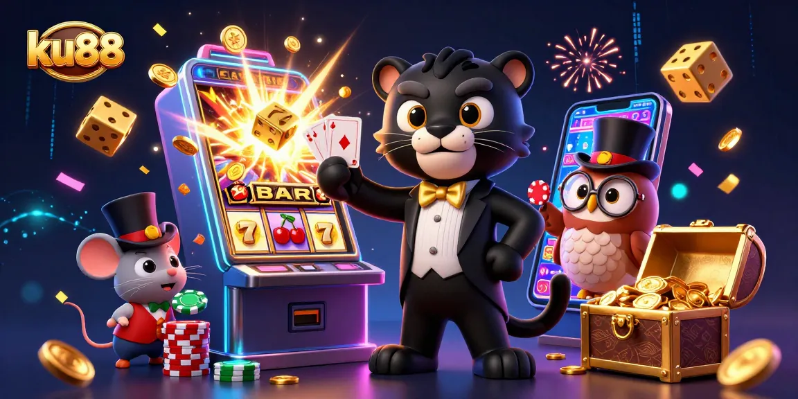 Engage with ku88 through a vibrant casino scene featuring a stylish panther and lucky owl.