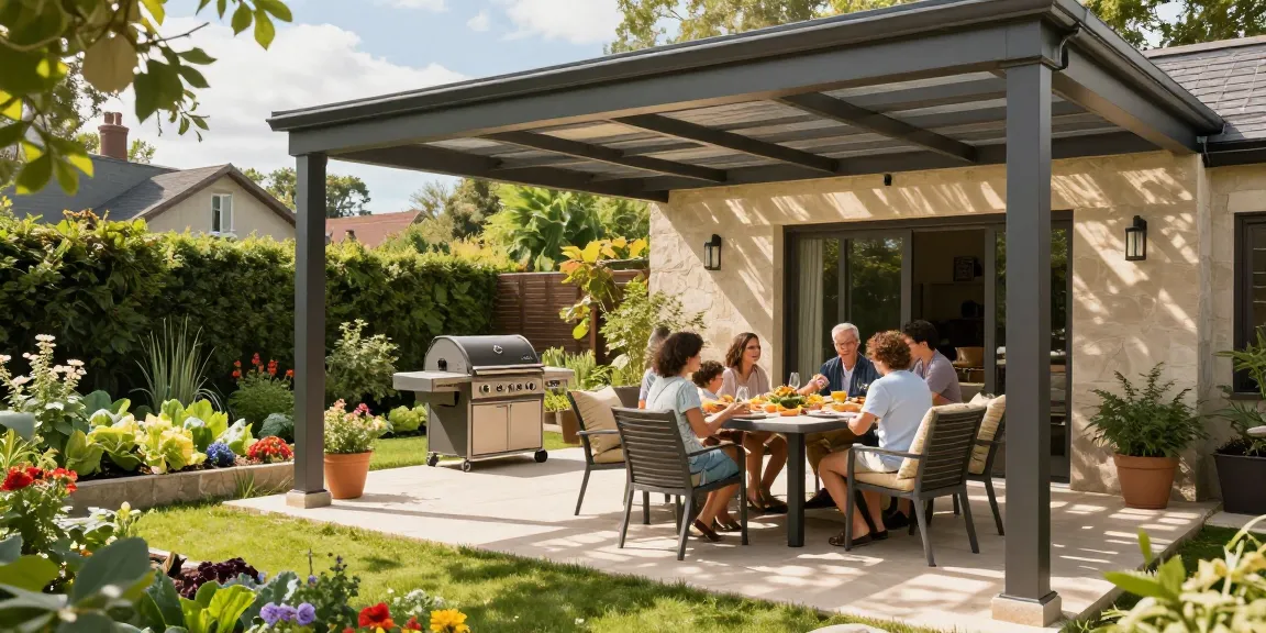 Moderne freistehende Terrassenüberdachung im Garten mit Familie, die unter dem Dach eine Sommermahlzeit genießt.
