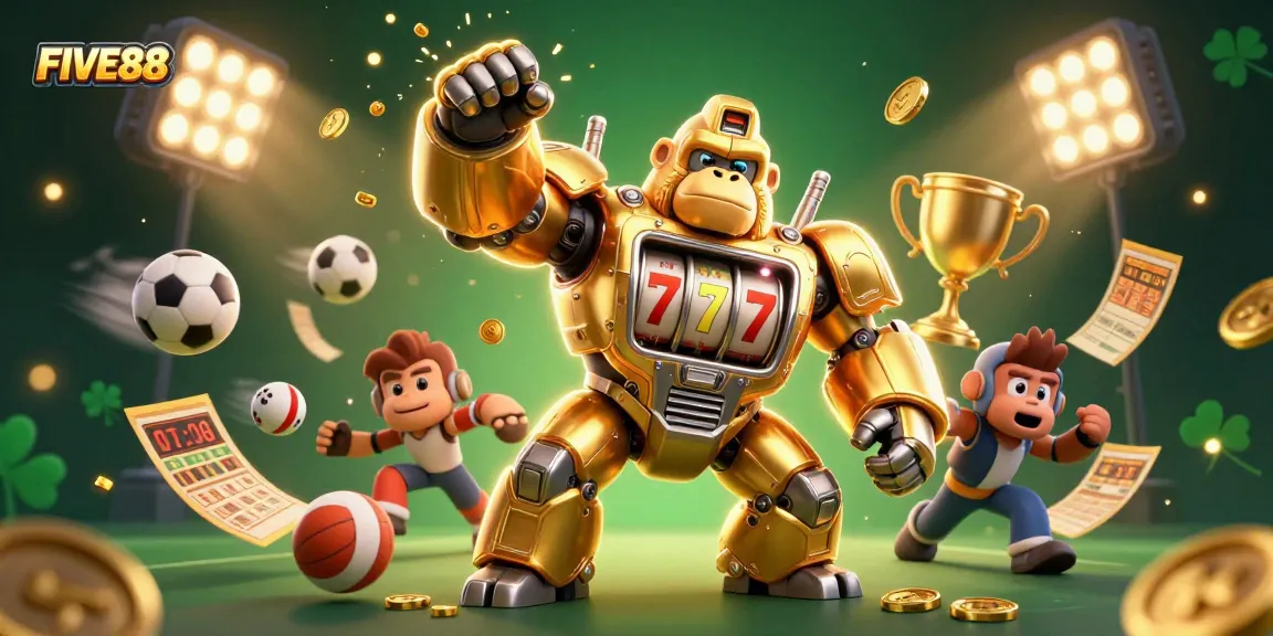 Experience FIVE88's gaming excitement with a vibrant 3D gorilla mech celebrating victories.