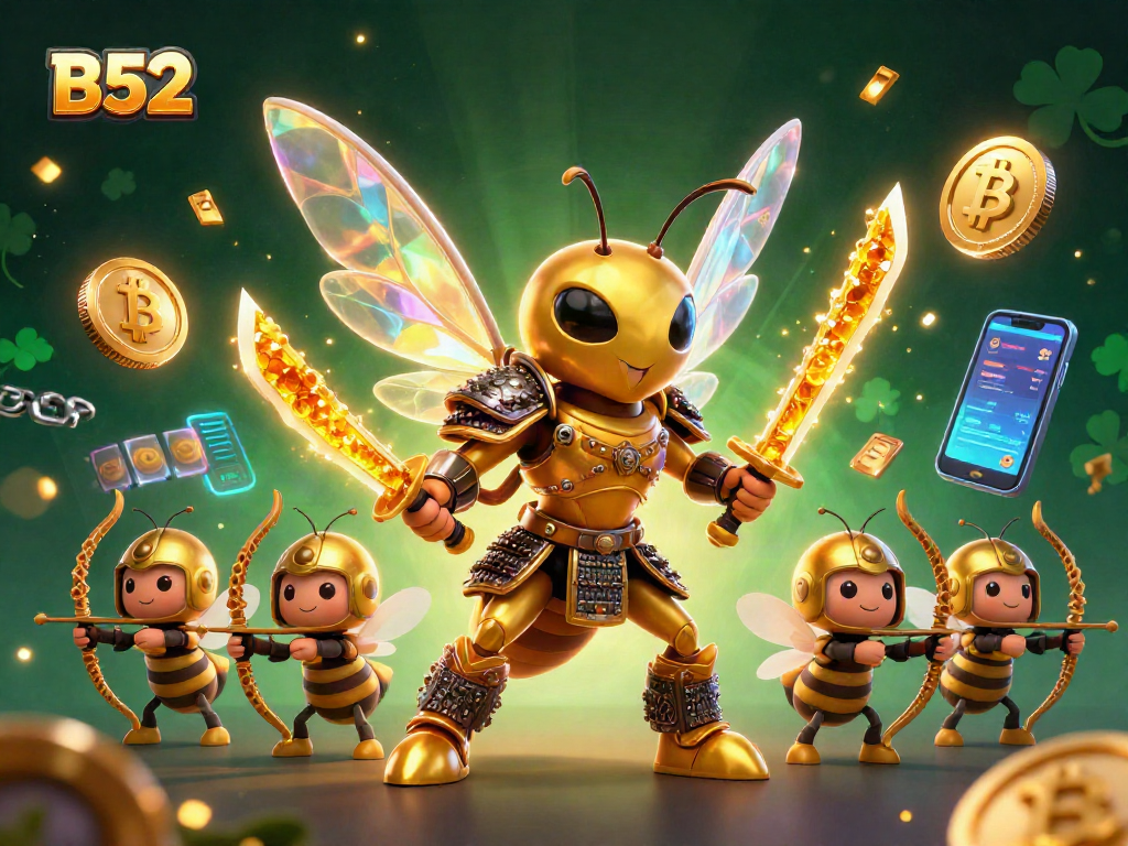 B52 navigates a vibrant casino atmosphere, showcasing a golden hornet amidst illuminating Bitcoin and Ethereum coins.