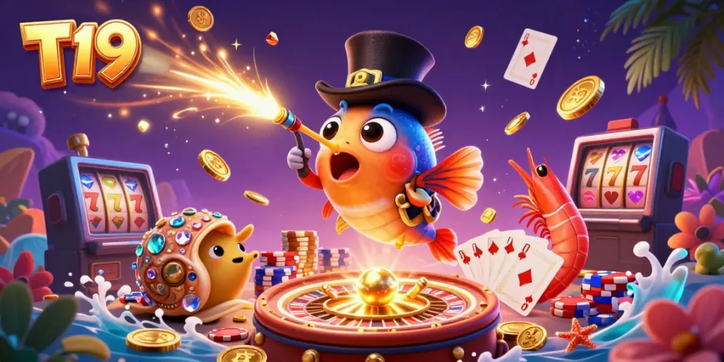 Experience thrilling gaming with T19's enchanting underwater casino scene, showcasing vibrant characters and dazzling treasures.