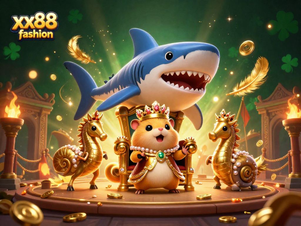 Experience xx88 fashion with a fierce golden hamster king in a vibrant gambling arena scene.
