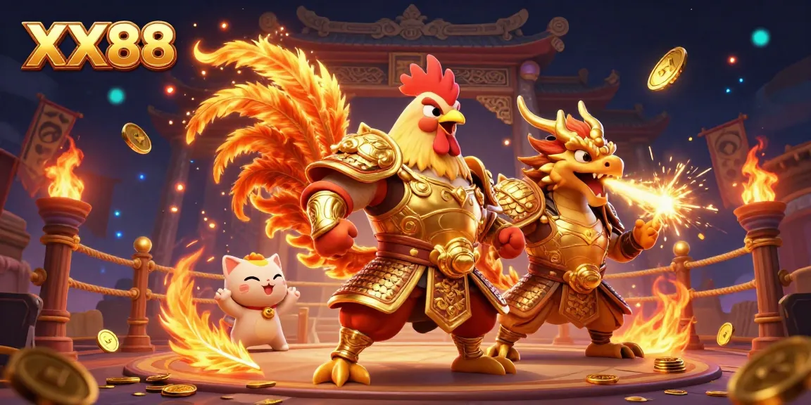 Engage with the thrilling XX88 rooster warrior and dragon hatchling in a vibrant gambling arena.