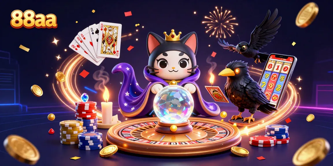 Engage with 88aa's vibrant casino scene featuring a mystic cat, a raven, and dynamic gambling elements.