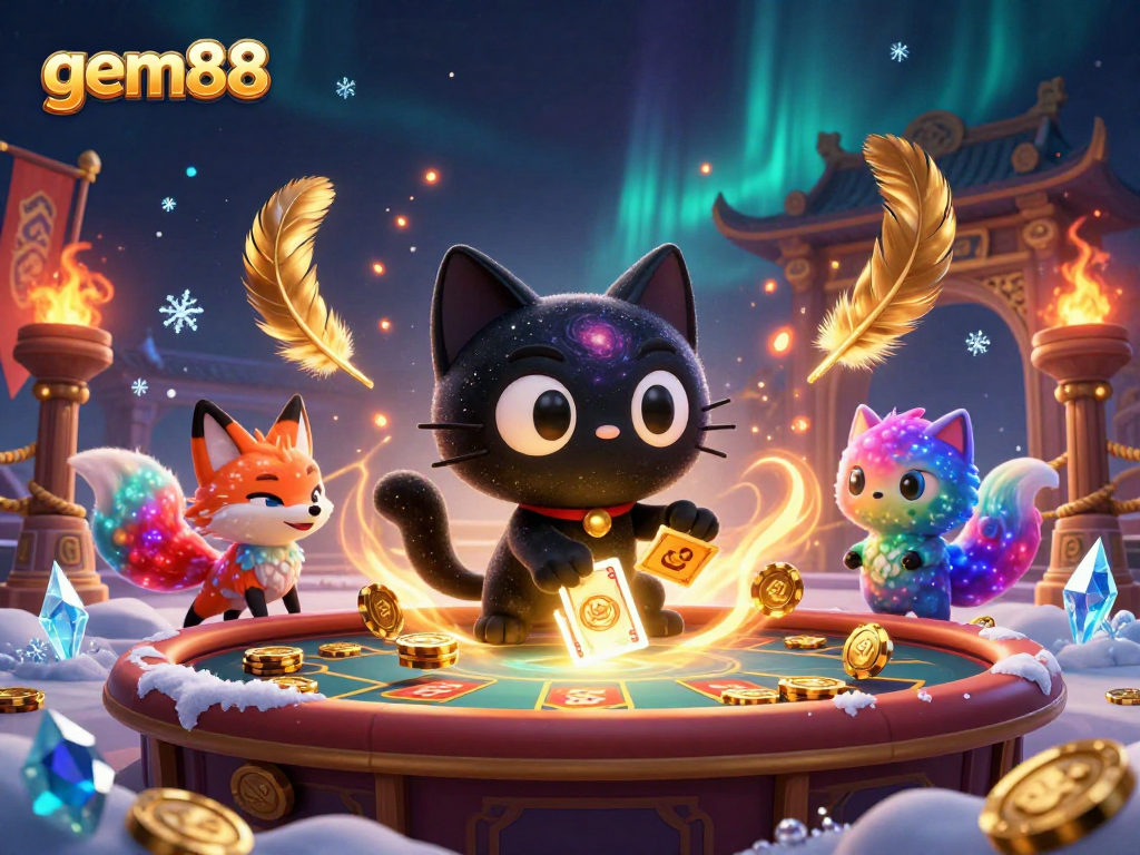 Experience thrilling gameplay at gem88 with a cosmic black hole cat and nebula fox in a vibrant casino.