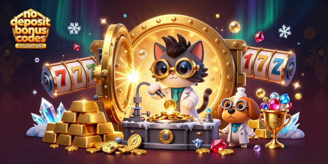 No deposit bonus codes for australia highlighting a dynamic casino scene with vibrant characters and rich rewards.
