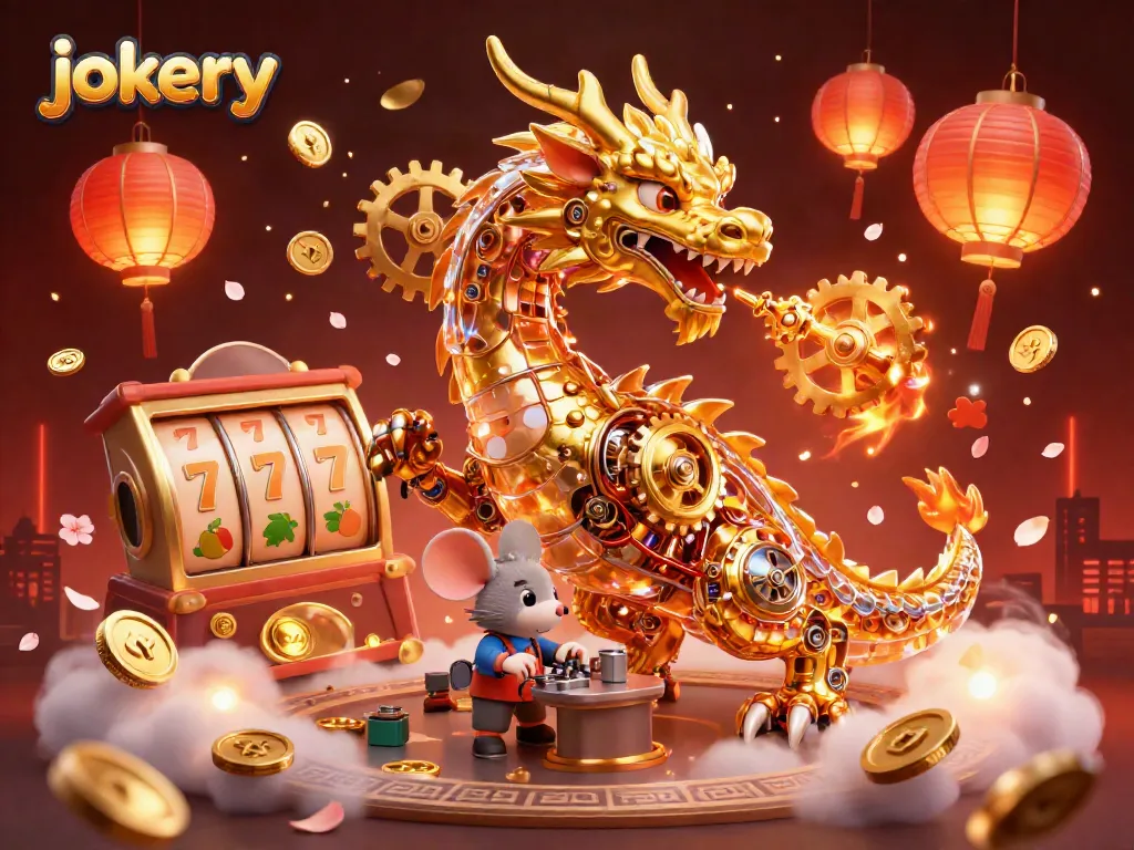 Interact with the playful jokery scene featuring a golden dragon, slot reels, and enriched gaming elements.