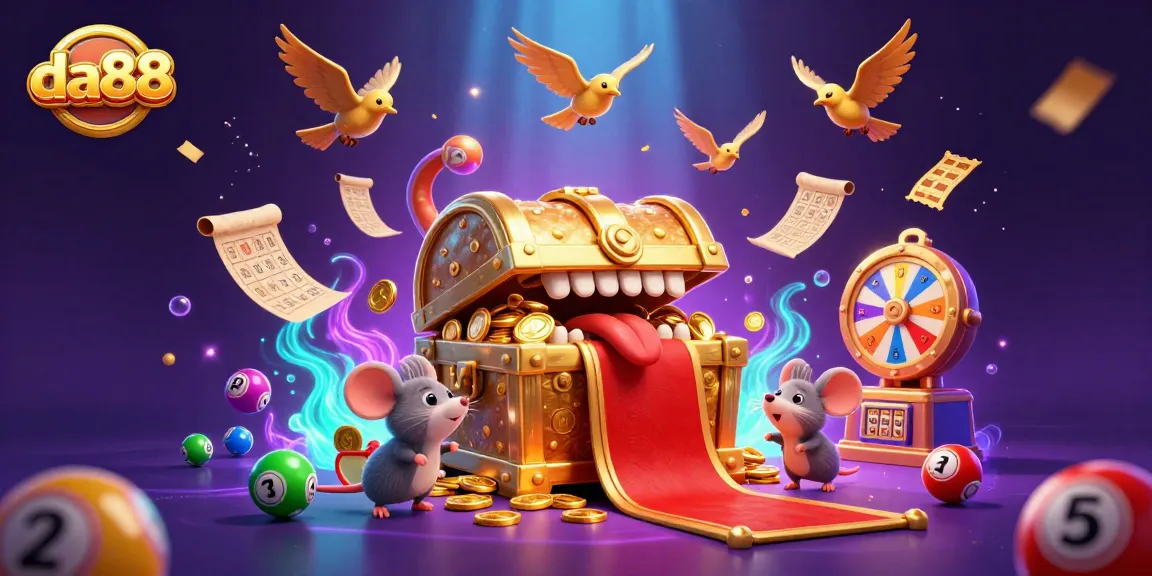 Experience the thrill of da88 with a colorful 3D treasure chest and lottery elements.