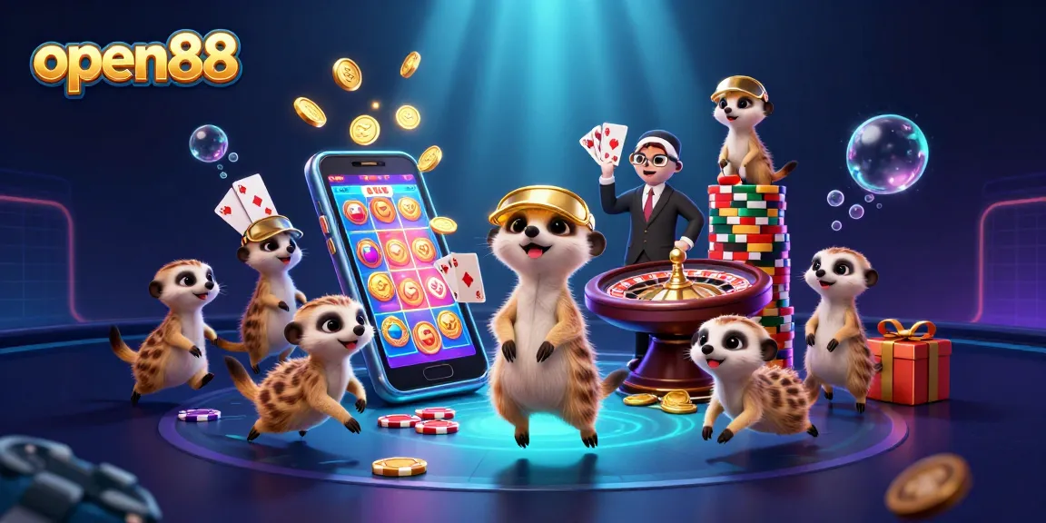 Engage with open88: A vibrant illustration of meerkats managing a lively casino.