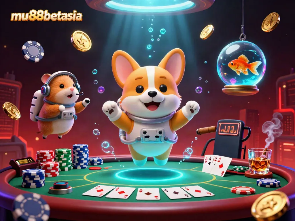Experience the thrill of gaming at mu88betasia with a vivid 3D casino scene featuring floating poker elements.
